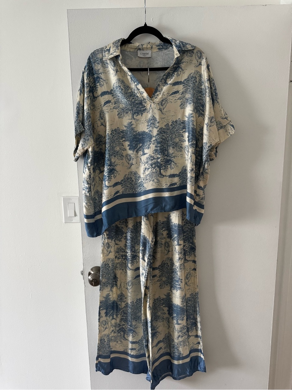 Ivory and Blue Printed Satin Pajama Set